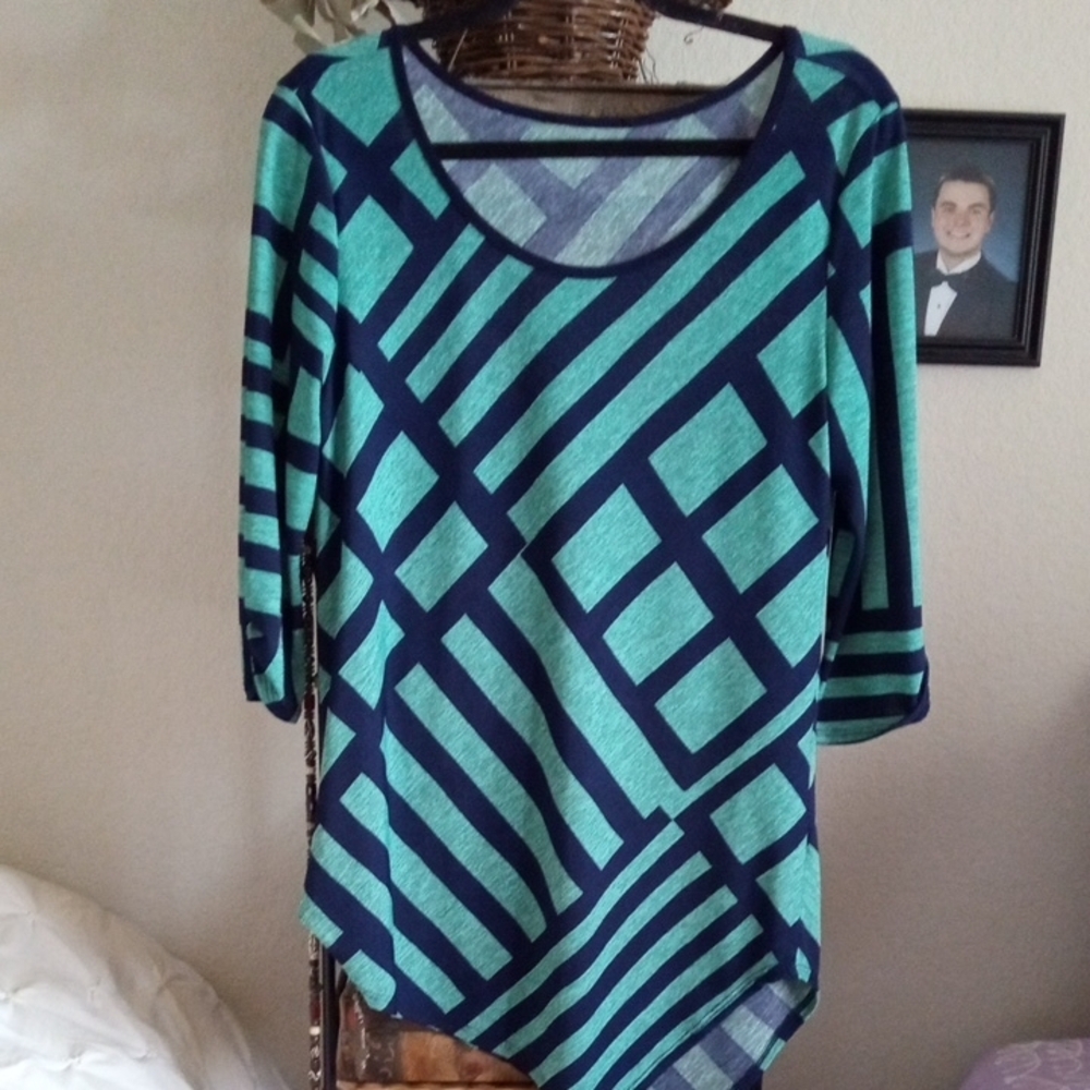 Chic Striped and Geometric Top in Blue and Green